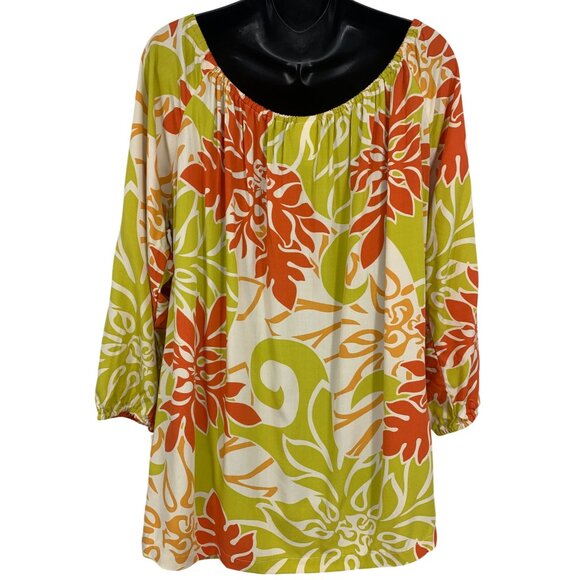 Strawberry Guava RJC XXXL 3XL Aloha Hawaiian Tunic Green Floral 3/4 Keyhole New - Picture 5 of 8